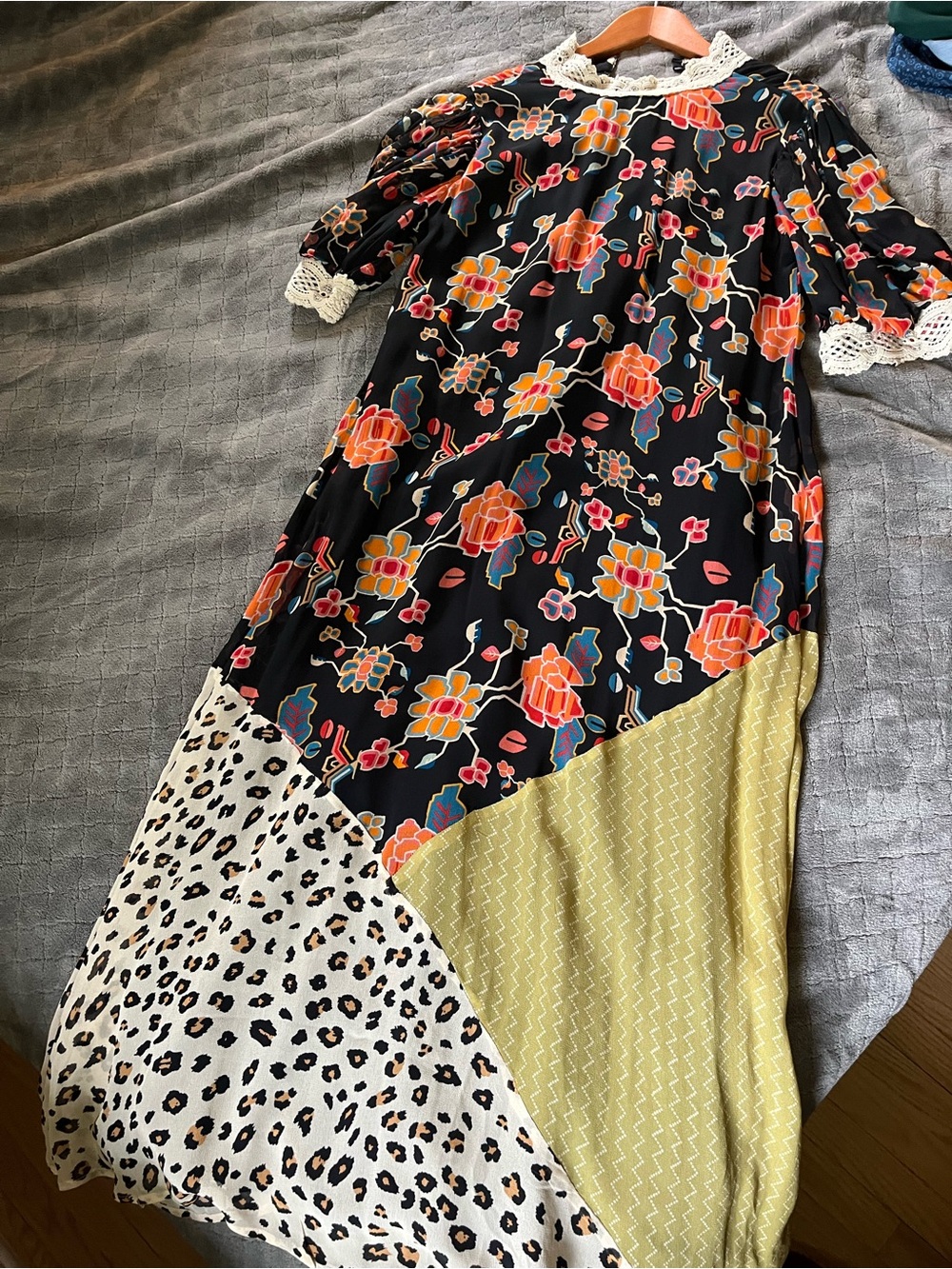Anthropologie Black Floral & Geometric Mixed Print Dress with Crochet Collar - Picture 7 of 8